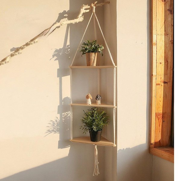 PłYwająCe PółKi Drewniany Stojak Boho Home Decor PółKa NarożNa Salon Sypialnia WisząCe Dekoracje śCienne TróJkąT PółKa WyśWietlacz Stojak 122*32.5*23.5Cm-image