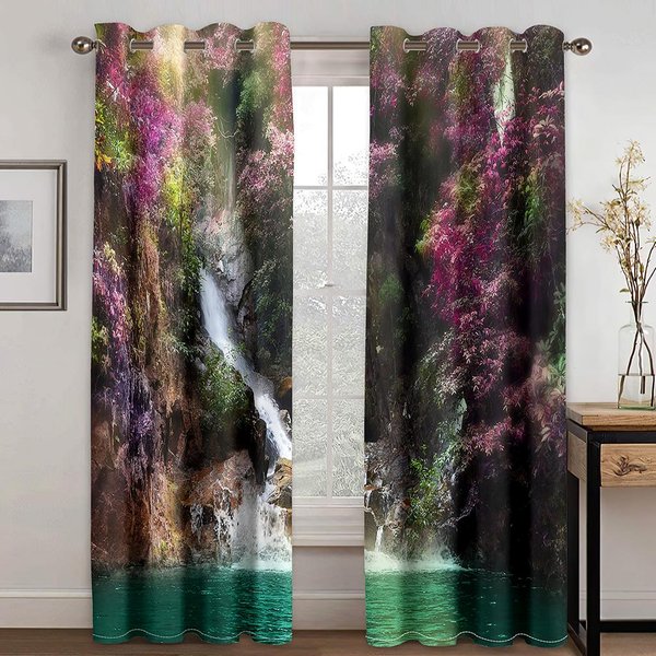 WspaniałY Krajobraz Wodospad 3D Cyfrowy Druk ZasłOna Salon Sypialnia 90G Tkanina Poliestrowa ZasłOnowa Dwa Panele W50Xh130(Cm)X2Pcs&Grommet Top Kolor Granatowy-image