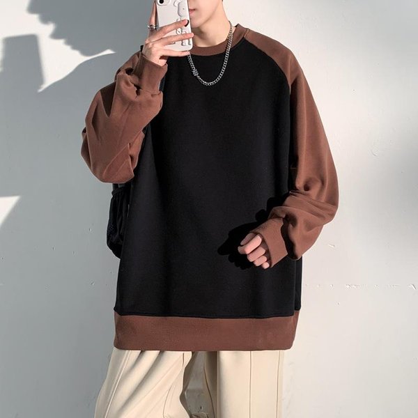Sudadera Para Hombre Nueva Primavera Y OtoñO Suelta Casual Cuello Redondo Color Combinado Camiseta Jersey De Manga Larga Camiseta Base 3XL Brown-image
