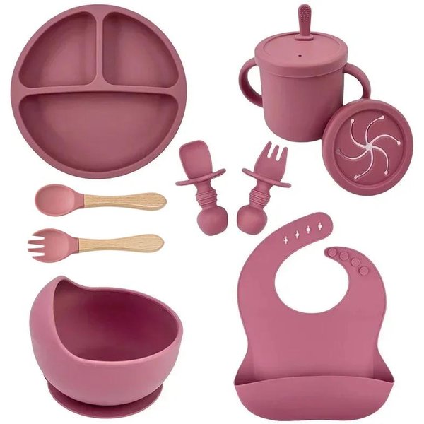 Set De Vajilla Infantil De Silicona De Grado Alimenticio Bol Para AlimentacióN De BebéS Plato Con Ventosa Taza Con Pajita Cuchara Tenedor De Madera Para Vajilla Infantil Platos Para NiñOs PequeñOs-image