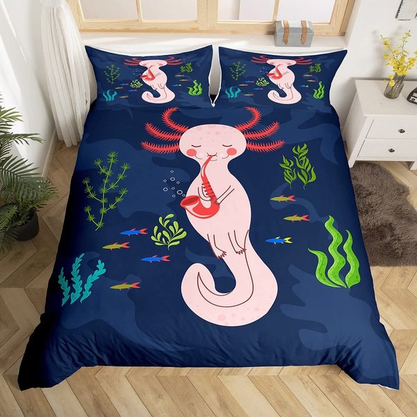 KreskóWkowy RóżOwy Axolotl Kwiatowy KróL KróLowa Poszewka Na KołDrę Kawaii Zestaw PośCieli Z Salamandry 3D ZwierzęCa Poszewka Na KołDrę Poliestrowa Poszewka Na KołDrę EU Single(135X200Cm) Blue-image