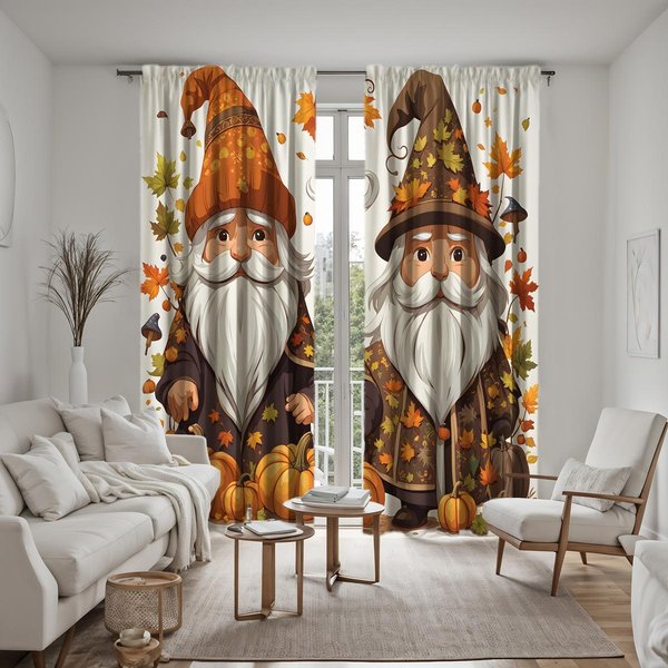 2 Piezas Con Sombrero Largo De Festival De La Cosecha HD Cortina Decorativa De Hoja De Arce De Calabaza De Dibujos Animados Cortina Estampada Digitalmente Con Lazo Amarillo Hogar W52H63Inchw132H160Cm-image