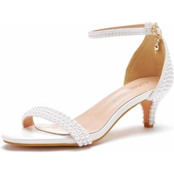 Sandalias De TacóN Alto Blancas Zapatos De Hebilla De Una Tira TacóN Fino Boca De Pez Sandalias Romanas Sandalias De Perlas Blancas 36 White-image