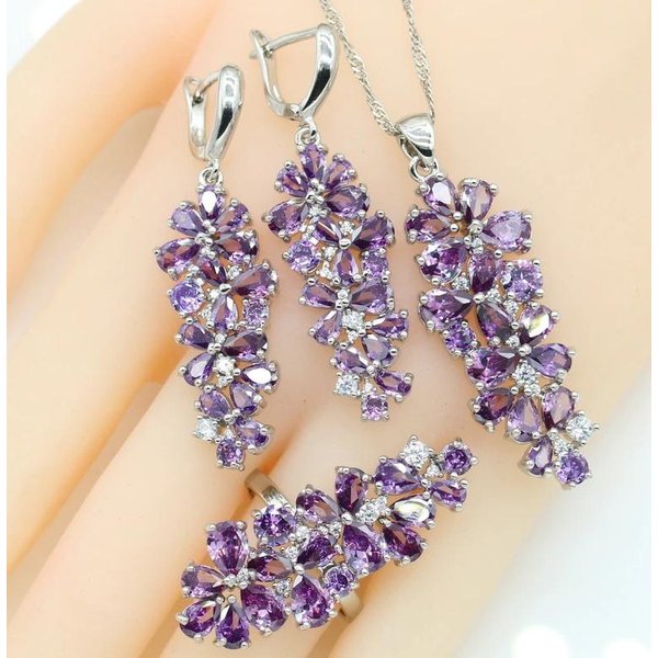 Conjuntos De JoyeríA De Circonita Morada Para Mujer Pulsera Pendientes Collar Colgante Anillo Caja De Regalo 9 Gray-image