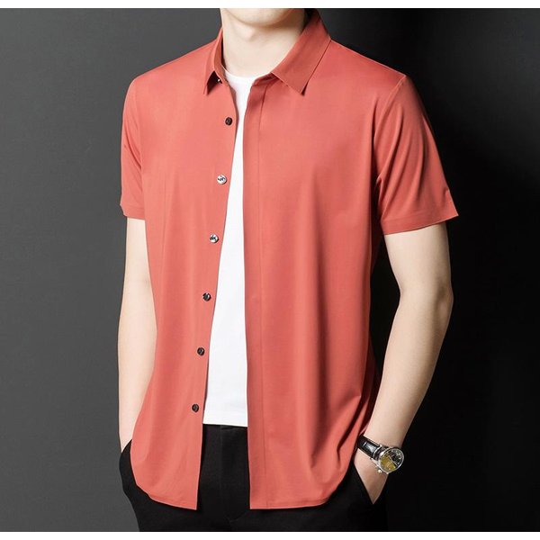 Camisa De Hombre De Manga Corta De Seda De Hielo Sin Costuras Y Sin Planchar Verano Nuevo Estilo Joven Y De Mediana Edad Business Casual Alta Elasticidad Fina Camisa Para Hombre Xxxxl Brown-image