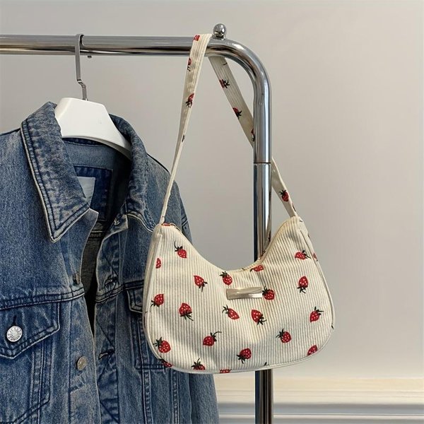 Bolso De Hombro De Moda Para Mujer, Bolso De Mano Con Estampado De Fresas Y Correa Fija, Ligero, Cierre De Cremallera Blanco-image
