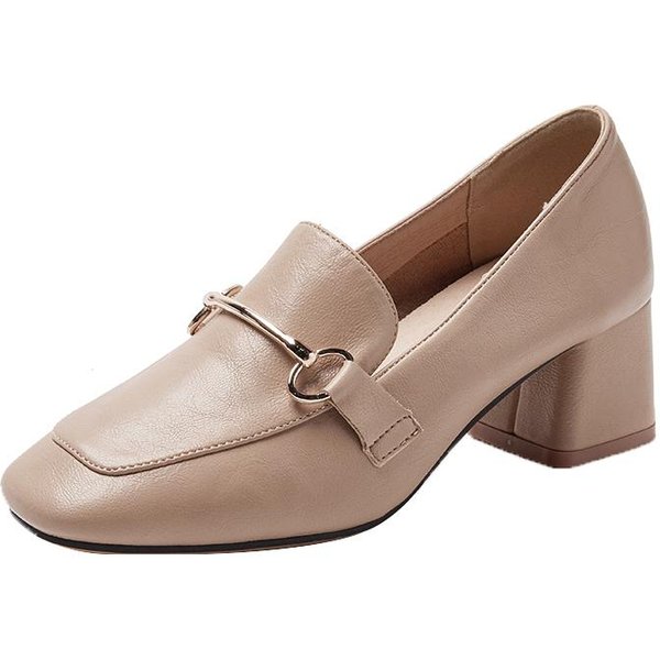 Zapatos De TacóN Grueso Para Mujer Primavera Negro Combinable VersióN Coreana TacóN Medio Primavera Y OtoñO Mocasines Punta Cuadrada Zapatos De Cuero PequeñOs Estilo BritáNico 40 Almendra-image