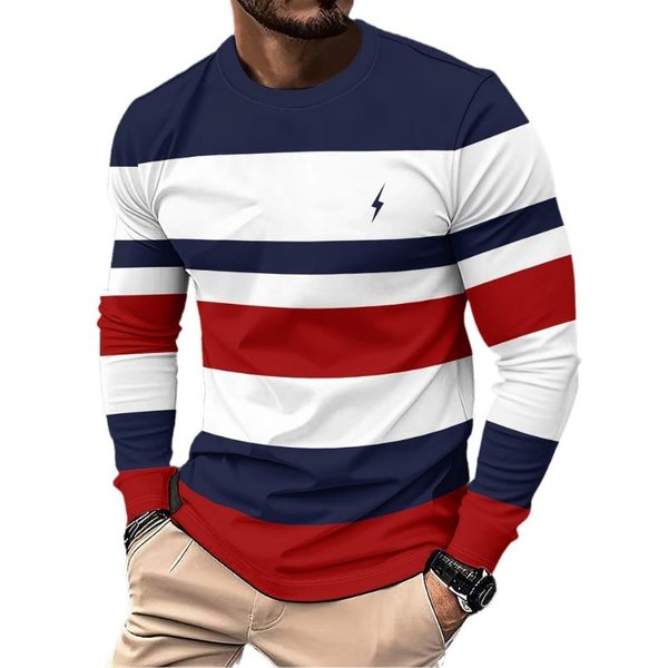 MęSki T-Shirt Z DłUgim RęKawem W Paski Z OkrąGłYm Dekoltem Moda Street Style OddychająCy T-Shirt Casualowy Wygodny Top Jesienna Bluza 2XL Red-image