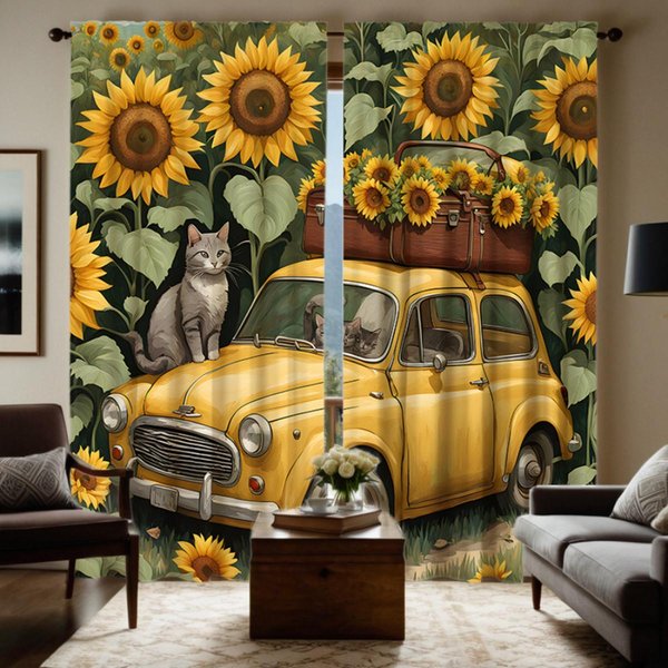 2 Piezas De Girasoles HD En El Coche Amarillo Retro Gato Cortina Decorativa Amarillo Cortina Estampada Digitalmente Estilo De DecoracióN Para El Hogar De W52H63Inchw132H160Cm-image