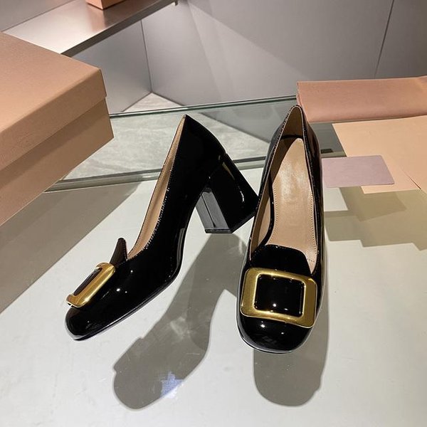Zapatos Mary Jane De TacóN Grueso Con Hebilla Cuadrada, Zapatos Individuales De TacóN Alto Con Punta Cuadrada Y Boca Baja, Zapatos Lefu De Cuero Lacado Vintage 39 Black-image