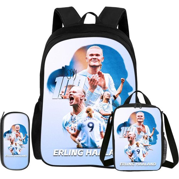 Mochila Deportiva De FúTbol Haaland Set De 3 Piezas Mochila Escolar Aprender, Bolsas Para LáPices De Viaje, Lonchera, Mochila De Estrella De FúTbol-image