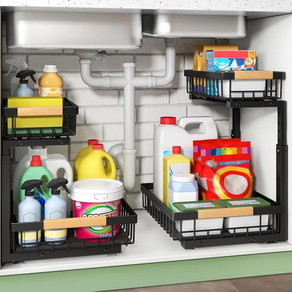 Organizador Debajo Del Fregadero, 2 Paquetes De Organizadores Y Almacenamiento De 2 Niveles Debajo Del Fregadero, Estante Organizador De Gabinete Deslizante ExtraíBle, CajóN Deslizante De Metal Para Cocina 1 Pack Negro-image