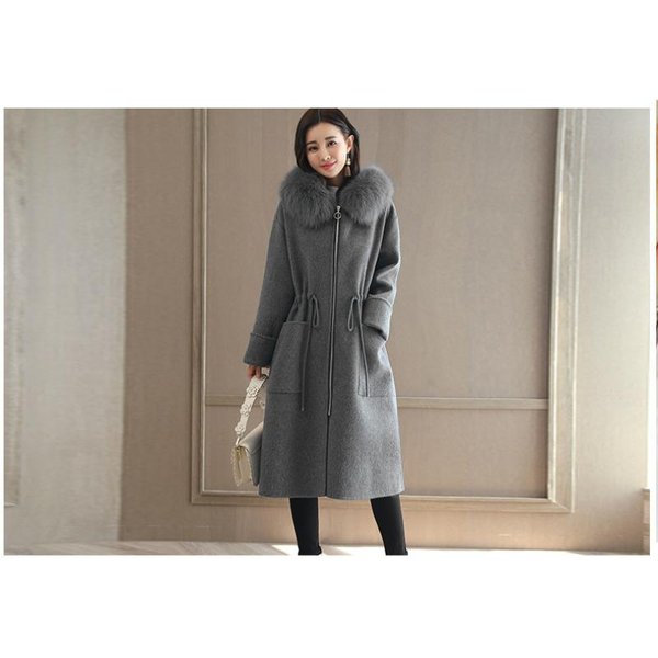 Abrigo De Lana Gruesa Para Mujer, Abrigo Largo Con Cuello De Piel, OtoñO E Invierno 3XL Gray-image
