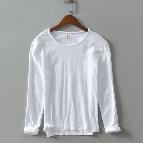 Camiseta De Manga Larga De Color SóLido Para OtoñO Camiseta BáSica Casual Para Hombre Camiseta De AlgodóN Con Cuello Redondo Para Hombre L-image