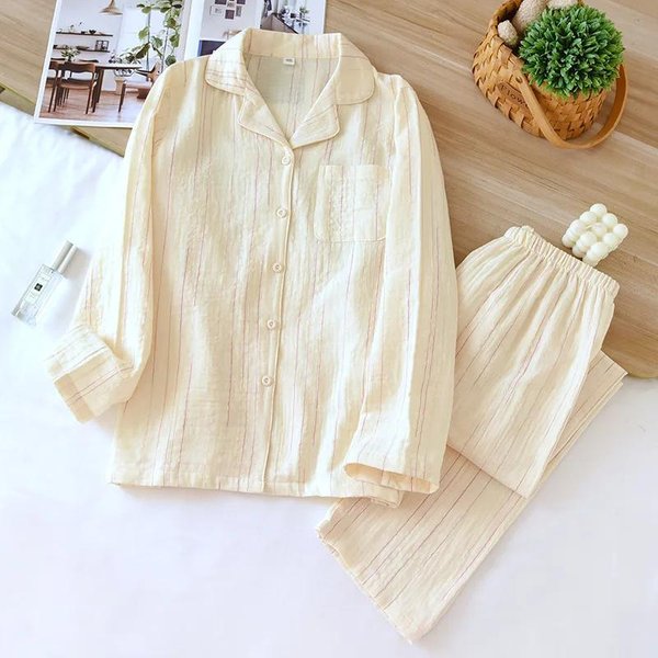 Conjunto De Pijama JaponéS Nuevo De Primavera Y OtoñO 100% AlgodóN Rayas Mangas Largas Y Pantalones Conjunto De Dos Piezas Ropa De Casa Fina L Beige-image