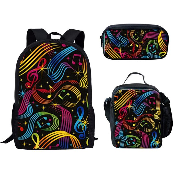CláSico Popular CláSico Divertido Notas Musicales ImpresióN 3D 3 Uds/Set Alumno Mochilas Escolares Mochila De DíA Para PortáTil Mochila Bolsa De Almuerzo Estuche-image