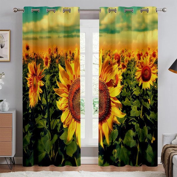 Cortinas Estampadas De Girasol Floral, 100% PoliéSter, Bolsillo Para Barra, Cocina, Sala De Estar, Dormitorio, Decorativas, 2 Piezas W50Xh130(Cm)X2Pcs&Grommet Top-image