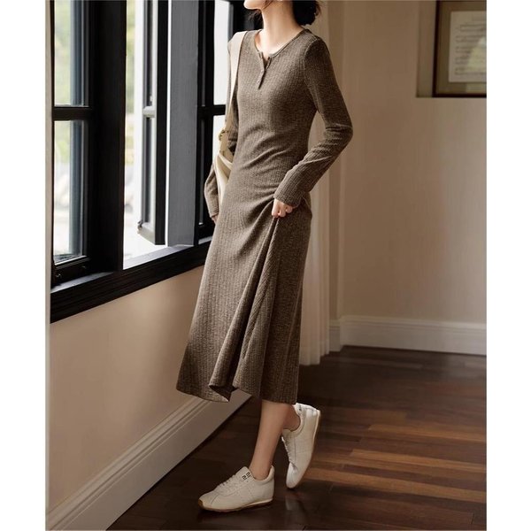Vestido De Punto Para Mujer OtoñO Nuevo Slim Ajustado Cuello Redondo Temperamento Falda Larga 2XL Gray-image