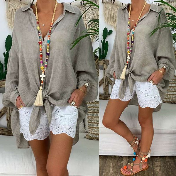 Bluzki Koszule Z DłUgim RęKawem Damskie Topy Przycisk Dół LuźNa Casual BawełNiana Bluzka Koszula Blusas Lniana Koszula Plus Size Kobiet BiałY 5XL Szary-image