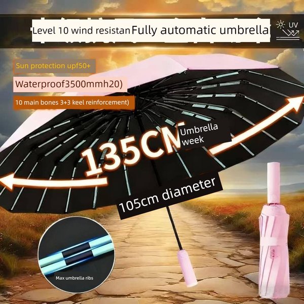 Bardzo DużY 135Cm W PełNi Automatyczny Parasol, Ochrona Przed SłOńCem, Ochrona Uv, PodwóJne Zastosowanie Na SłOńCe I Deszcz, Parasol PodwóJnie SkłAdany Dla MężCzyzn I Kobiet 135CM Black-image