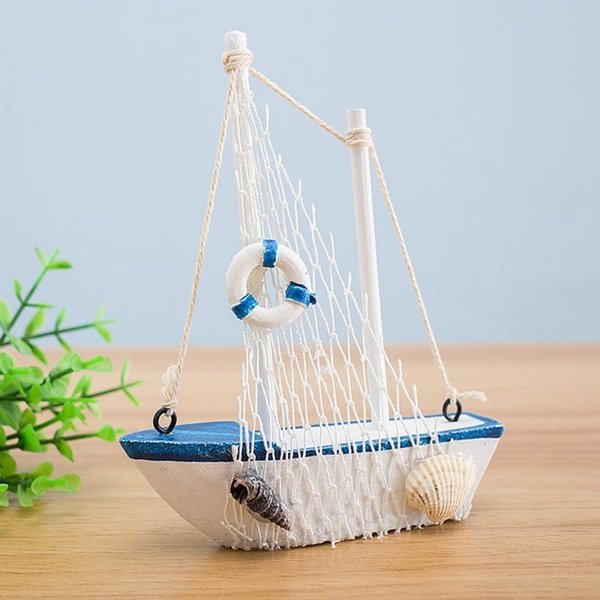 1 Ud. Mini Estilo MediterráNeo Marino NáUtico Barco De Madera Azul Velero ArtesaníA De Madera Adornos HabitacióN De Fiesta DecoracióN Del Hogar-image