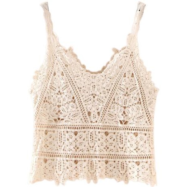 Chaleco De Verano Para Mujer, Tops Sin Mangas Con Cuello En V, Tops De Punto De Ganchillo, Eslinga De Encaje Hueco De Color SóLido Albaricoque-image