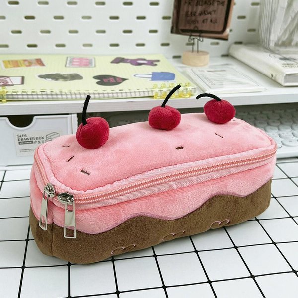 Linda Bolsa Para LáPices Peluche Pastel De Cereza Estuche Para LáPices Gran Capacidad Almacenamiento De Material Escolar Para NiñAs NiñOs Regalo De Vuelta A Clases-image