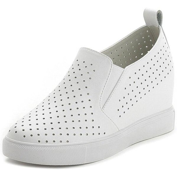 Zapatos De Cuero Genuino Zapatillas Mujer Zapatos Para Aumentar Altura Verano Agujeros Plataforma Plana Zapatos Blancos 35 Blanco-image