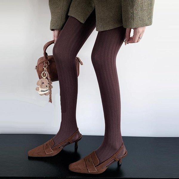 KolenóWki W Paski Damskie Jesień Zima Elastyczne Podstawowe Rajstopy Jednokolorowe Retro Super RozciąGliwe Rajstopy PońCzochy Legginsy One Size Black-image