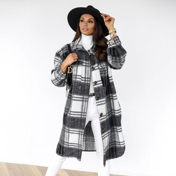 OtoñO E Invierno Chaqueta Larga De Lana A Cuadros Casual Con Solapa De Botones De Manga Larga XL Gray-image