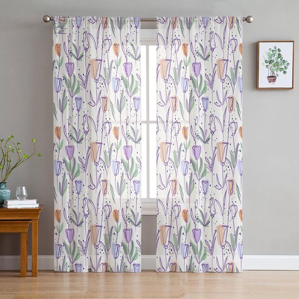 Flores De Primavera Planta Tulipanes Cortinas Visillo Transparentes Para Ventana De Sala De Estar Cortina De Gasa Tul Cocina Dormitorio Cortinas DecoracióN Del Hogar 135W X 114H(Cm) White-image