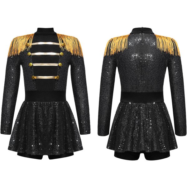Disfraz De Maestro De Ceremonias De Circo Para Fiesta De Halloween Para NiñAs, Vestido De Leotardo De Gimnasia Con Borlas Y Lentejuelas Brillantes, Ropa De Baile 15-16 Years Negro-image