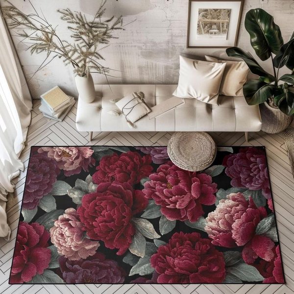 Ciemnoczerwony Vintage Kwiatowy Czarna KrawęDź DużY Filcowy Dywanik PodłOgowy AntypośLizgowy Gotycki Retro Dywanik Do Salonu 40X60Cm-image