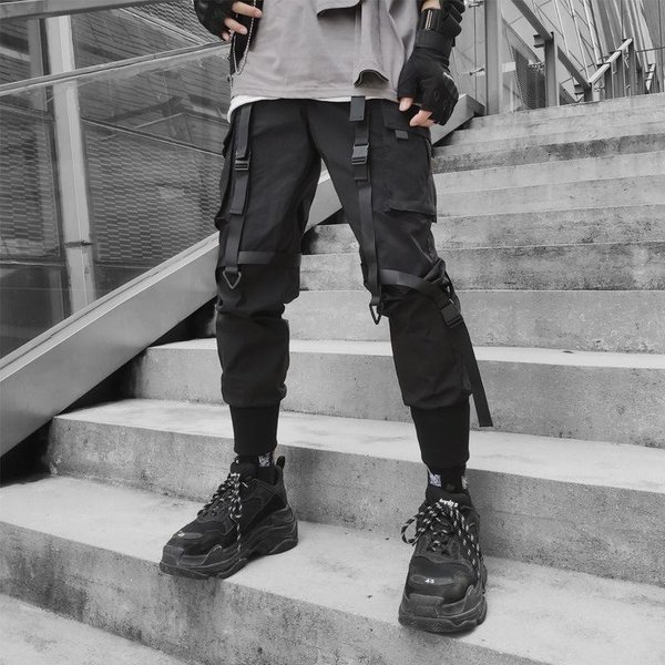Biegaczy Spodnie Cargo Dla MężCzyzn Casual Hip Hop Hit Color Pocket MęSkie Spodnie Dresowe Streetwear WstążKi Spodnie Techwear XXL Black-image