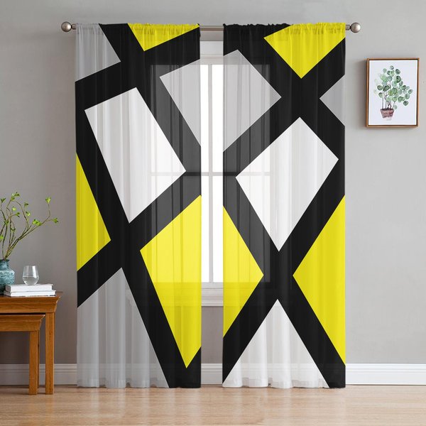 ŻółTe Czarne Szare Geometryczne Kwadratowe Przezroczyste ZasłOny Do Dekoracji Salonu ZasłOny Okienne Kuchenne Tiulowe Woalowe ZasłOny W135 X H115Cm X1-image
