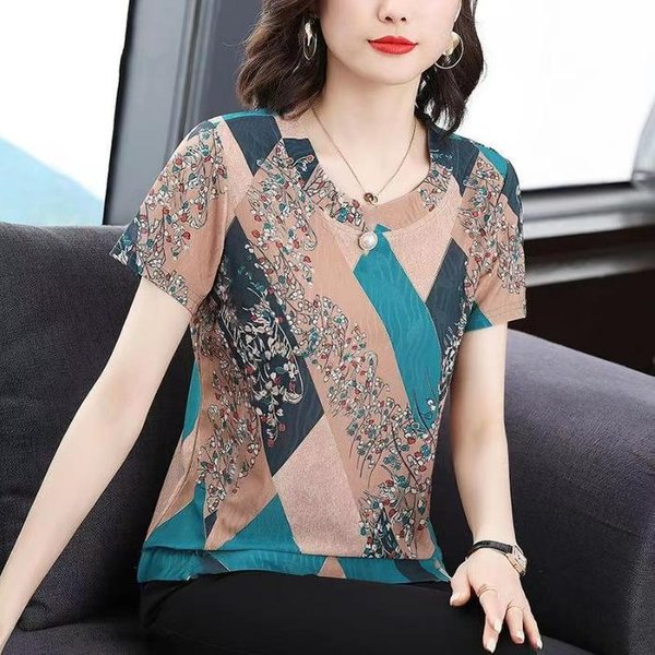 Madre De Mediana Edad Con Top Holgado De Manga Corta Estampado, Nuevo De Verano, Talla Grande, Que Cubre La Barriga, Camiseta Bonita Para Mujer 3XL Verde-image