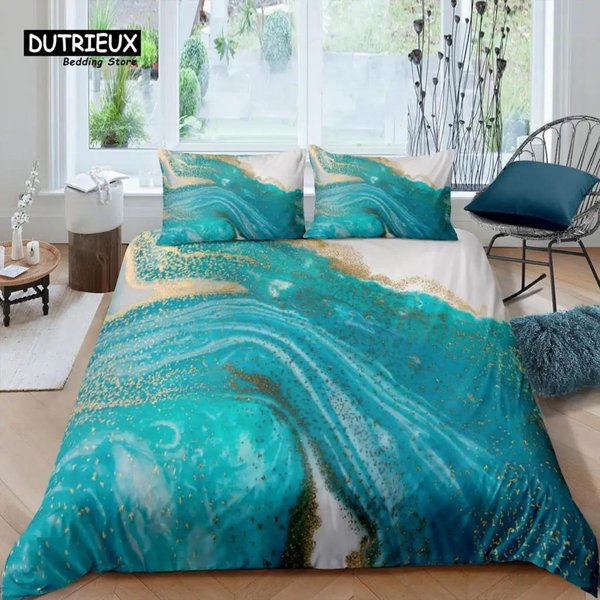 Hogar Vida Lujo ColeccióN De Ropa De Cama De MáRmol Turquesa 3D Funda NóRdica Dorada Funda De Almohada TamañO Queen Y King Euu Colcha Ropa De Cama AU Single 140X210Cm-image