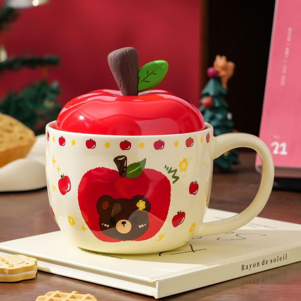 Taza De Manzana De Alto Valor Con Tapa, Taza De CeráMica NavideñA, Dibujo A Mano, Linda Taza De Café, Recuerdo 420Ml Red-image