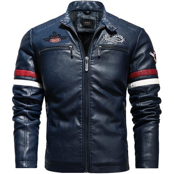 Chaqueta De Cuero Para Hombre Ajustada Chaqueta De Motociclista De Cuero PU Para Hombre 4XL Azul-image