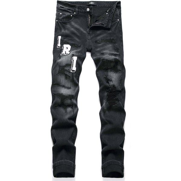 Jeans De Moda Juvenil Negros Slim-Fit Desgastados Rotos Patchwork EláSticos Para Hombre Pantalones Vaqueros Estilo 3529 32 Negro-image