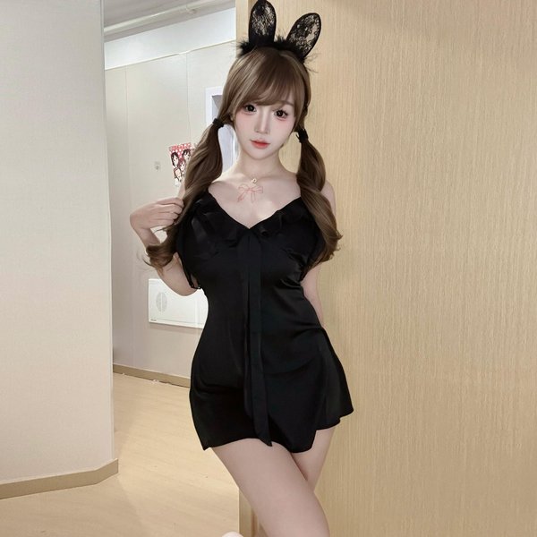 LenceríA Sexy CamisóN Sexy FrancéS Encaje Hoja De Loto Tirantes Escote En V Profundo Deseo Puro Viento Lazo Halter Pijama One Size-image