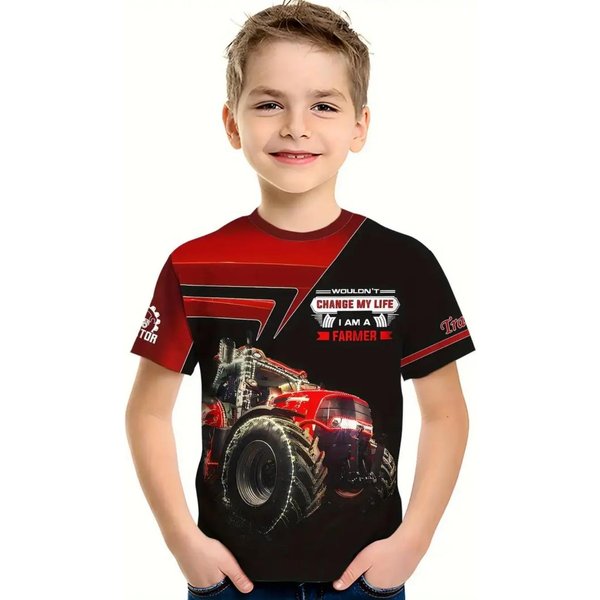 Fajna Koszulka ChłOpięCa Z Nadrukiem Traktora 3D Odzież DziecięCa T-Shirt KróTki RęKaw Modna Letnia Odzież DziecięCa Odzież Dla Aktywnych Dzieci Na ZewnąTrz 130 Black-image