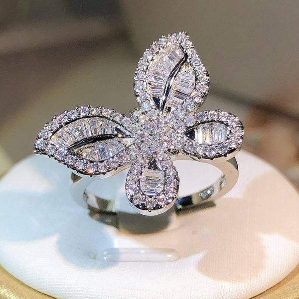 Anillo Grande De Mariposa Exquisita De Plata De Ley Con Circonita Blanca Lleno De Diamantes Para JoyeríA De Dama Fiesta Boda Regalo De CumpleañOs 10 Gray-image