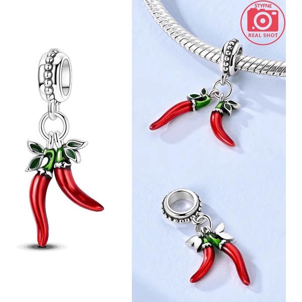 Componentes AutéNticos Originales Para Pulseras De Abalorios Metal De Cobre Creativo Componentes De Abalorios De Pimiento Rojo Picante Compatibles Con Componentes De Abalorios Pulseras De Plata White-image