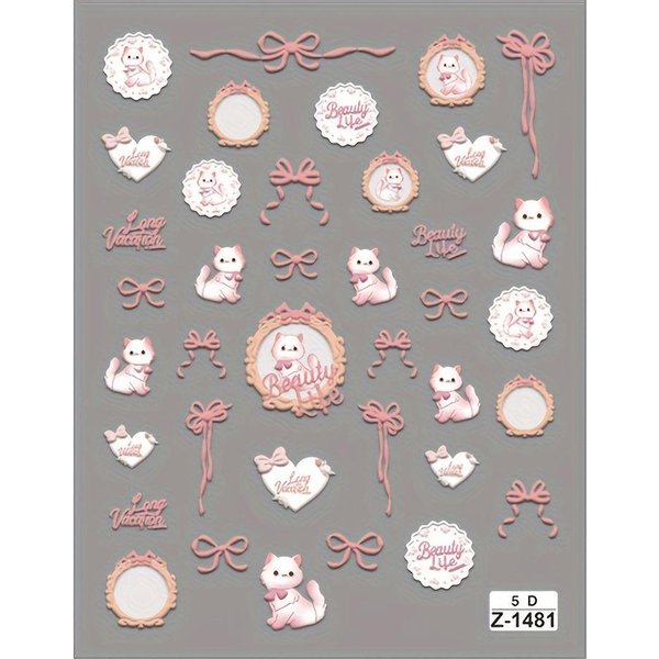 Pegatinas Para UñAs De Gato Rosa Con Relieve 5D De Dibujos Animados - CalcomaníAs Autoadhesivas Con Purpurina Para UñAs Con DiseñOs De Gatitos Lindos, Corazones Y Lazos Manicura Con Pegatina Para UñAs White-image