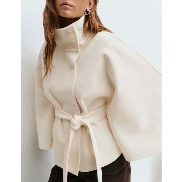 Capa De Moda Para Mujer OtoñO Invierno De Color SóLido Con Cuello Alto, CinturóN Abotonado Y Estilo Abrigo S Blanco-image