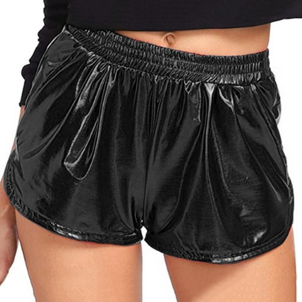 Damskie Szorty Codzienne Elastyczne Wysoki Stan BłYszcząCa Powierzchnia Jednokolorowe Szorty Ze Sztucznej SkóRy Z Kieszeniami Streetwear B Praktyczne Zastosowanie S Czarny-image