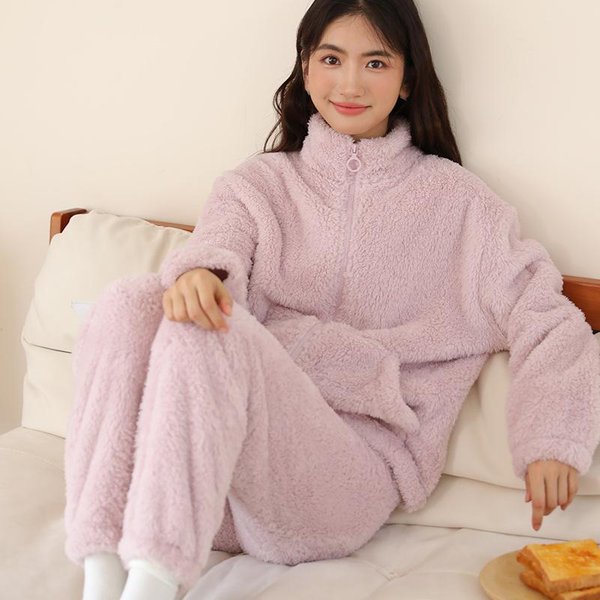 Pijama De Invierno De Franela De Manga Larga Con Cuello Alto Y PantalóN De Forro Polar Coral CáLido Para Mujer, Conjunto De Pijama De Franela Gruesa Y Holgada Para El Hogar. L PúRpura-image
