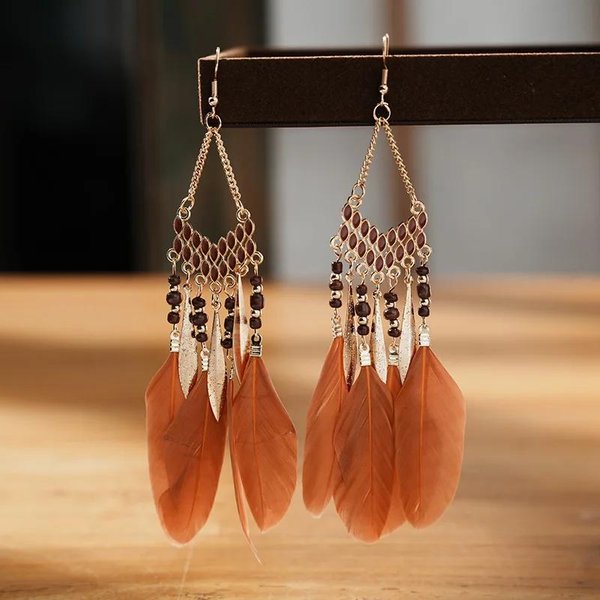 Boho Etniczne Kolczyki WisząCe Z PióRami Dla Kobiet Modne DłUgie Kolczyki WisząCe Z Kolorowymi Koralikami DziewczęCe BiżUteria Boho Beige-image