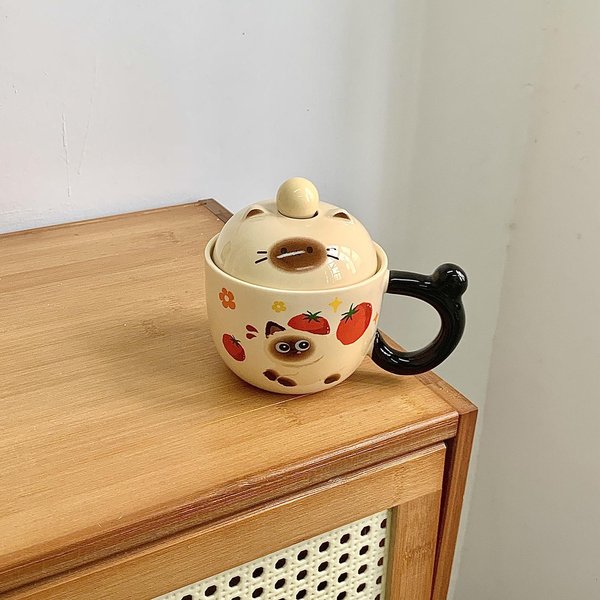 Taza De Gato SiaméS Con Tapa Y Cuchara Taza De CeráMica Linda Para Mujeres Oficina En Casa Taza De Café Desayuno Regalo De CumpleañOs 301-400Ml Beige-image
